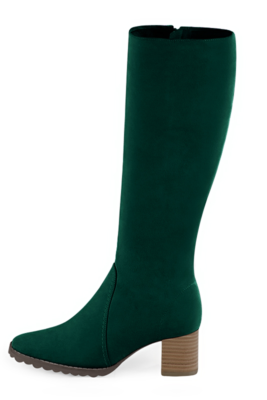 Forest green women's riding knee-high boots. Round toe. Medium block heels. Made to measure. Profile view - Florence KOOIJMAN